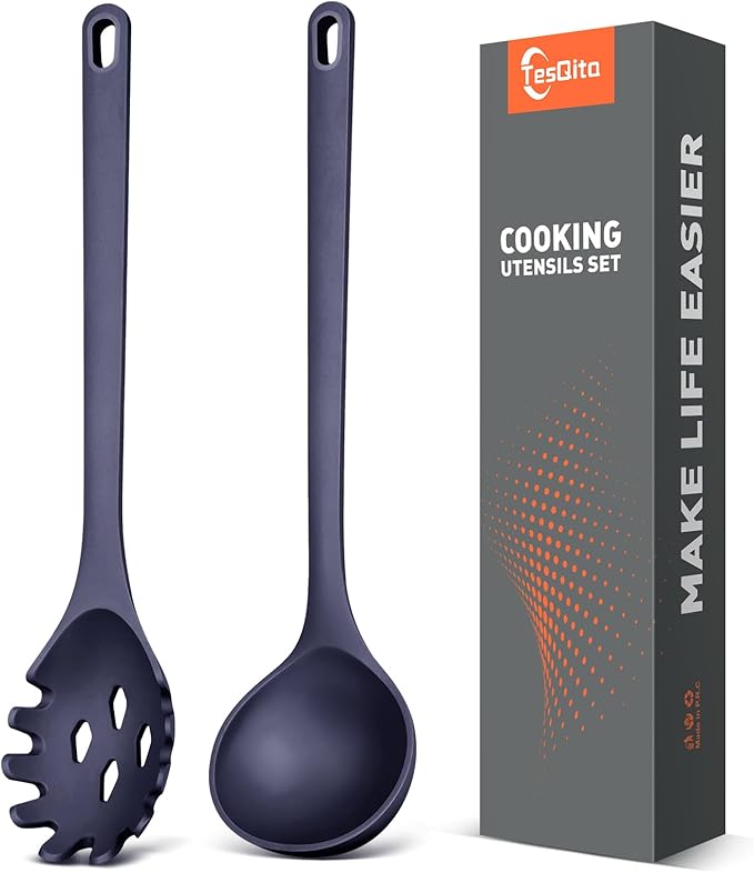 Silicone Spaghetti Spoon&Soup Ladle Cooking Utensils Set of 2,No Scratch for Nonstick Cookware,BPA Free, 450℉ Heat Resistant (BLUE)