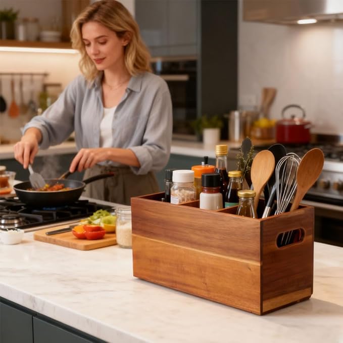 Wooden Utensil Holder for Kitchen Counter, 12'' Extra Large Acacia Kitchen Utensil Holder with 3 Removable Compartments, Wood Utensil Organizer Storage for Cooking Tools and Cutlery