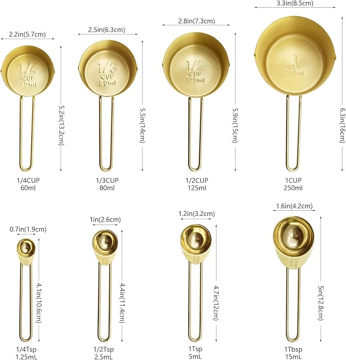 Gold Measuring Cups and Spoons Set of 8 pcs, Stainless Steel Measuring Cups and Spoons Set, 4 pcs Measure Cups, 4 pcs Measure Spoons For Cooking