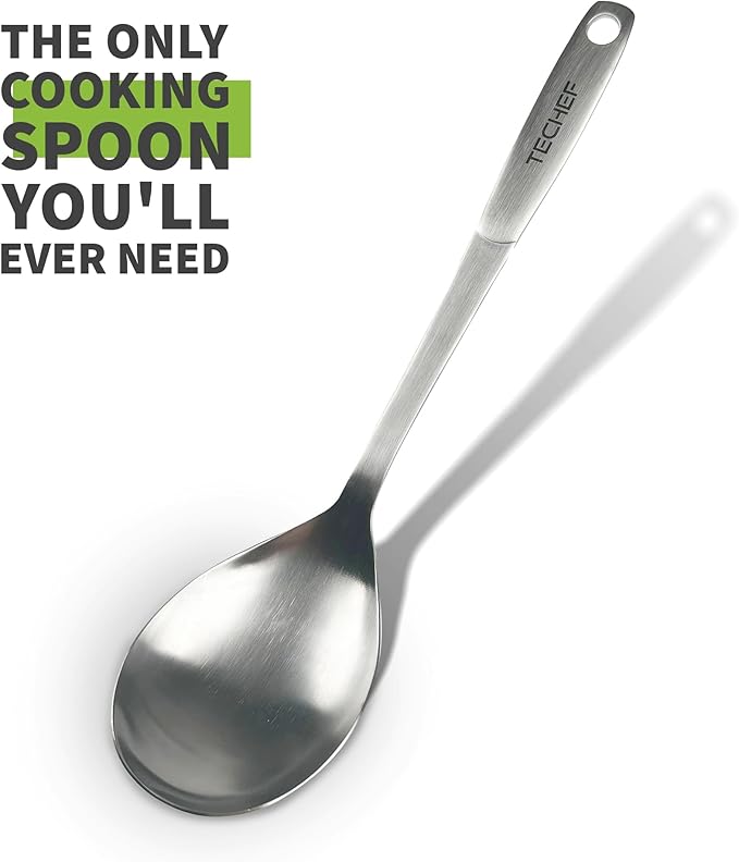 TECHEF ChefCore 304 Stainless Steel Cooking Spoon with Ergonomic Handle, One-Piece Unibody Design, Rustproof & Heat Resistant, 10.5" Serving Utensil – Made in Korea