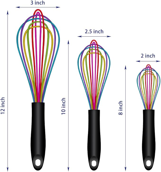 OYV Dishwasher Safe Colorful Silicone Whisk, Sealed Waterproof Design Set of 3, Professional Kitchen Whisks for Cooking Non-Scratch, Silicone & Stainless Steel Whisk, Heat Resistant Balloon Egg Beater