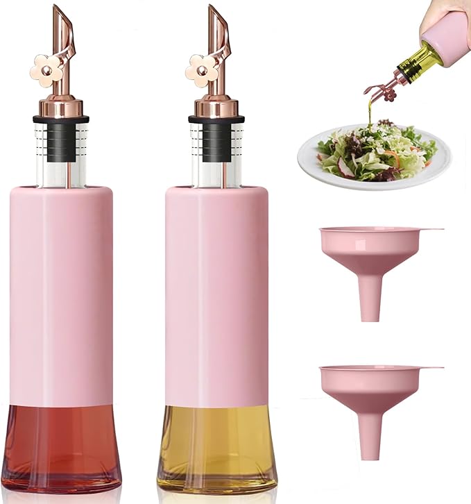 MIAO'ER Olive Oil Dispenser for Kitchen, Oil and Vinegar Dispenser Set of 2, Rose Gold Stainless Steel Spout, Pink Kitchen Decor, 300ml/10oz Kitchen Accessories for Cooking, Salad, Frying
