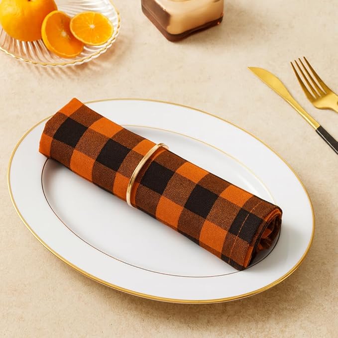 Cloth Napkins Set of 12, 100% Cotton Dinner Napkins 18x18 Inch, Soft Absorbent Gingham Check Napkin for Restaurant, Table Décor, Reusable Washable for Everyday Use - Orange/Black