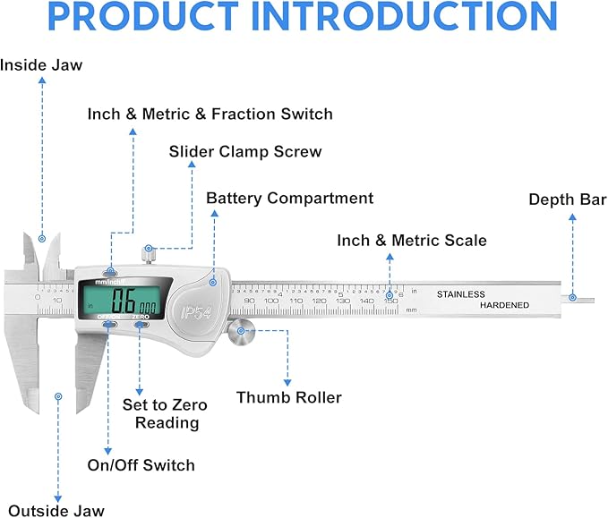 Digital Caliper Measuring Tool, IP54 Waterproof Electronic Micrometer Caliper, Stainlee Steel Vernier Caliper with Large LCD Screen, Inch Metric Fraction Conversion, 6 Inch for Household/DIY