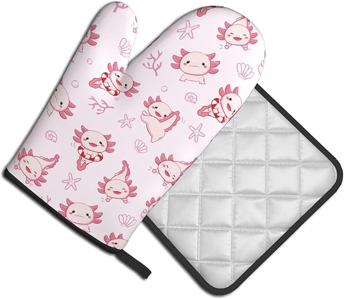 Cute Cartoon Axolotl Oven Mitts and Pot Holders Heat Resistant Oven Mitts Safe for Baking Cooking BBQ