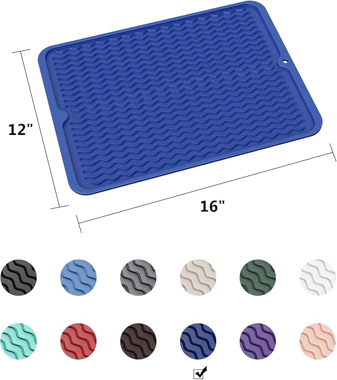 ZLR Silicone Dish Drying Mat & Heat Resistant Trivet (12" x 16") - Waterproof Counter Protector for Air Fryer, Coffee Maker - Non-Slip, BPA Free Kitchen Pad, Easy Clean Dishwasher Safe (Midnight Blue)