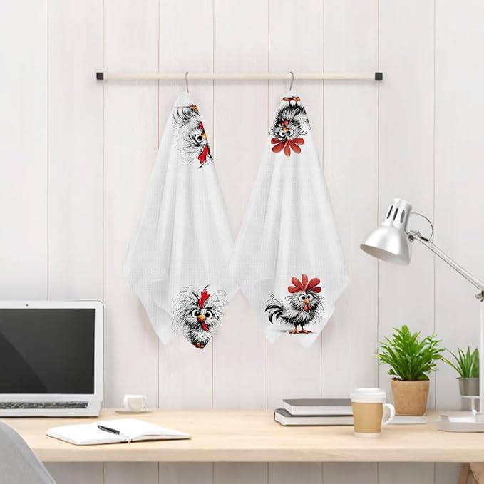 Jztco 2 Pcs Funny Chicken Kitchen Towels 24x14 Inch, Chickens Gifts Absorbent Hand Tea Towel, Waffle Dish Towels for Kitchen Home Decor, Chicken Lover Gifts for Women Mom