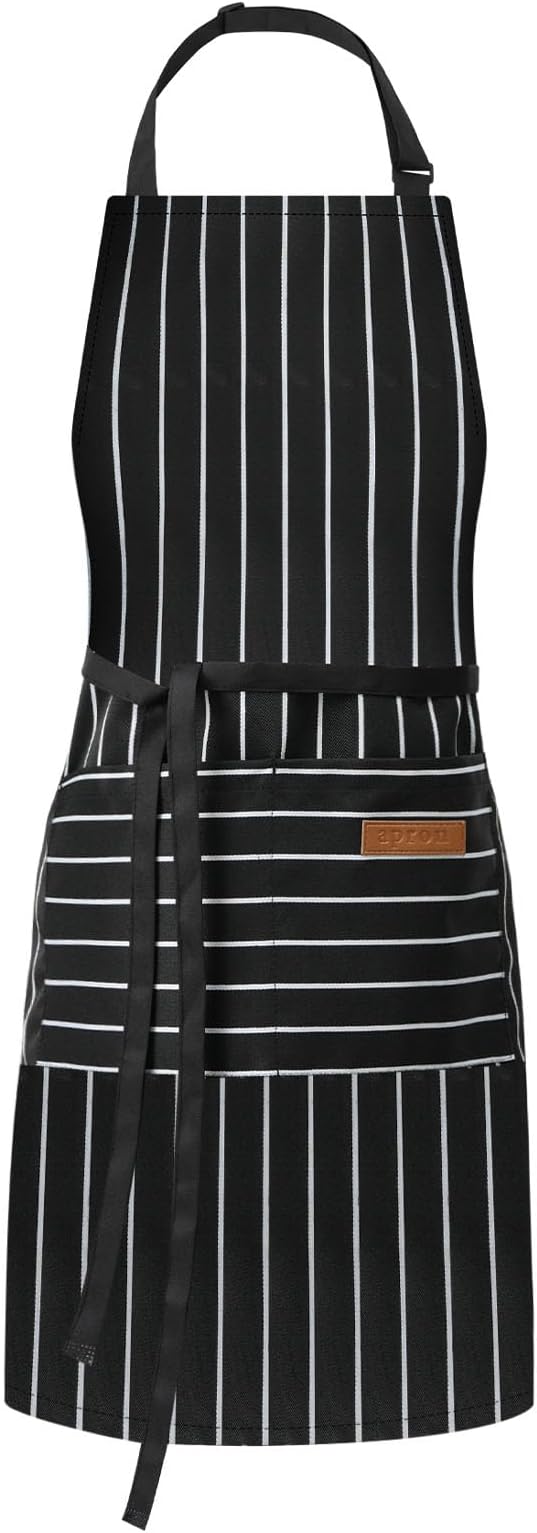 DILLMAN Kitchen Cooking Adjustable Aprons - Men Women Bib Soft Chef Stripes Apron with 2 Pockets