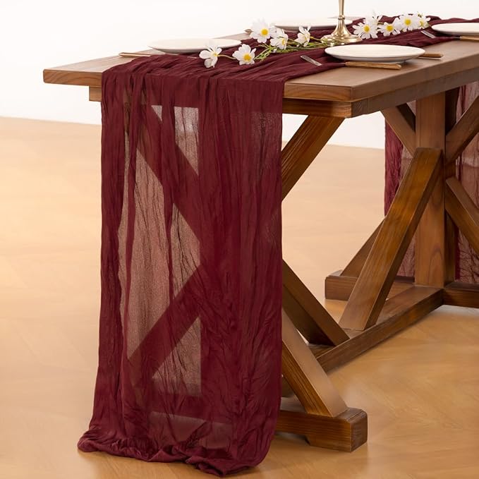 Socomi 2pcs Burgundy Red Easter Spring Cheesecloth Table Runner Boho Rustic Gauze 120 inch 10FT Cheese Cloth Runner for Wedding Party Baby Shower Birthday Home Decor Holiday Decorations