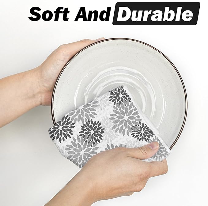 Artoid Mode Grey Dahlia Floral Kitchen Dish Cloths, 12x12 Inch Quick Dry Microfiber Dishcloths for Kitchen Premium Dish Rags Set of 2