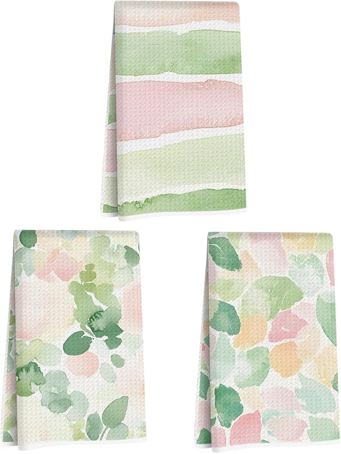 3 Pcs Pastel Pink Green Stripe Kitchen Towels, Watercolor Flower Leaves Decorative Absorbent Microfiber Dish Cloth Tea Towel, Waffle Hand Towels for Farmhouse Home Bathroom, Housewarming Gifts
