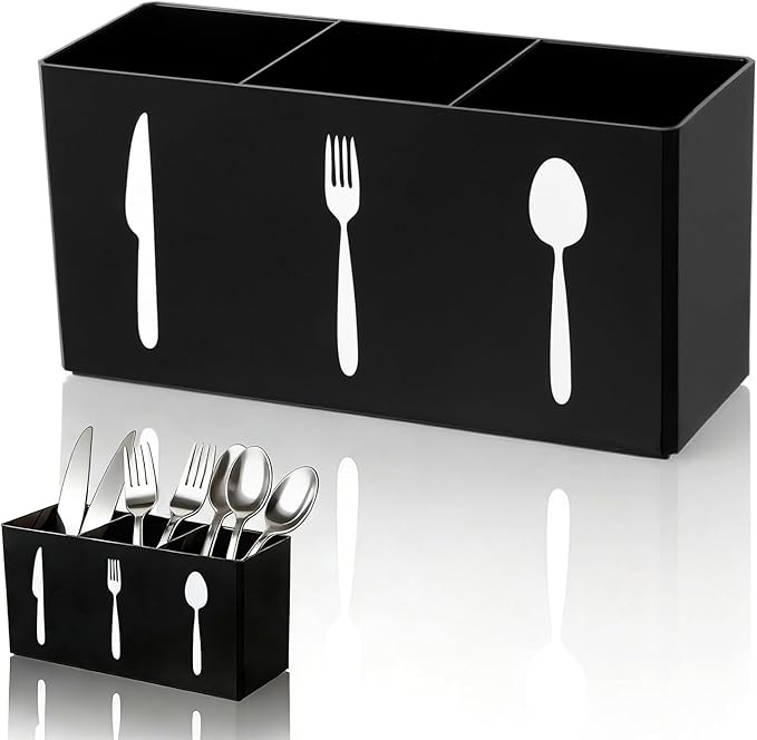 Utensil Caddy Plastic Utensil Organizer Plastic Ware Holder Acrylic Utensil-Holder Kitchen 3 Section Tableware Storage Box Perfect for Office Bedroom Kitchen Bathroom Storage (2.56 x 3.54 x 7.09 in)