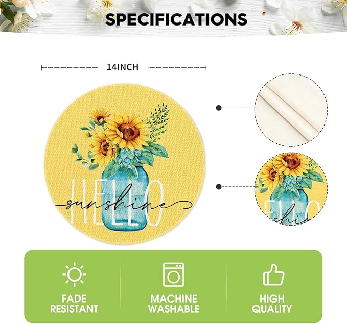 Artoid Mode Yellow Sunflower Vase Summer Round Placemats Set of 4, 14 Inch Summer Round Table Mats for Dining Decoration