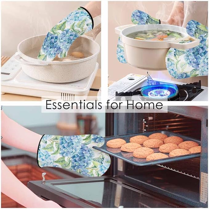 Teal Blue Flower Oven Mitts and Pot Holders Sets Hydrangea Nature Spring Summer Heat Resistant 3pcs for Cooking Baking BBQ