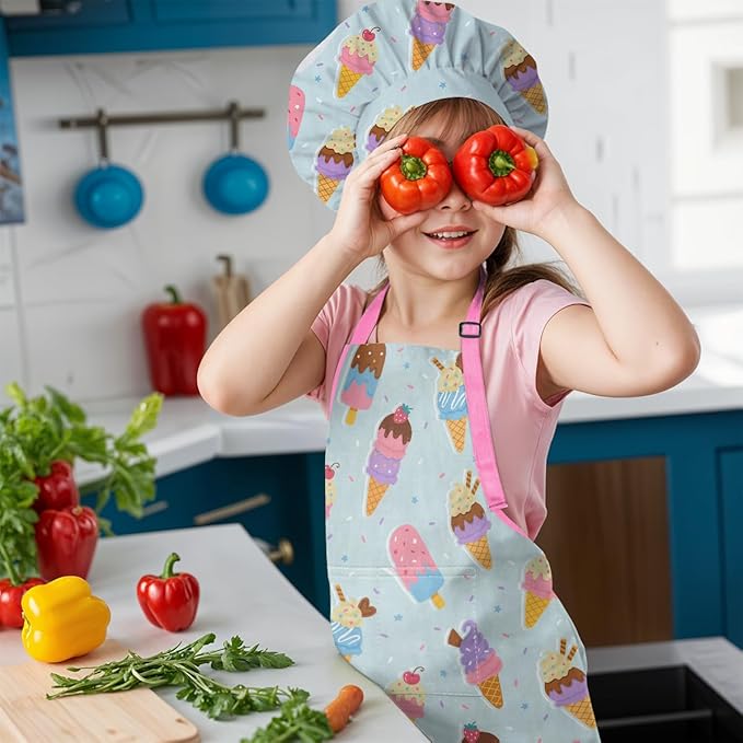 SANDJEST Kids Apron with Chefs Hat Set, Kitchen Apron Gifts