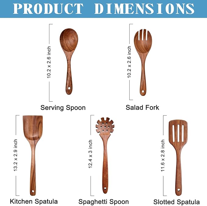 Wooden Spoons for Cooking Non-Stick Kitchen Pan Toolset 5 PCS Set,Natural Kitchen Utensils Spatula, Wooden Cooking Utensils Spoons, Fried Spatula and Salad Fork, Pasta Spoon, Wooden Spoon Set