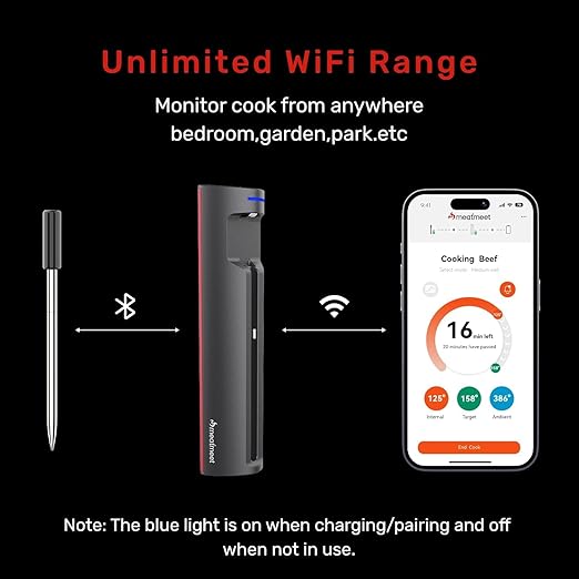 WiFi Wireless Meat Thermometer Digital, Bluetooth Meat Thermometer Wireless, Smart App Monitoring, IP67 Waterproof Meat Probe Thermometer for BBQ, Oven, Grill, Smoker (Pro)