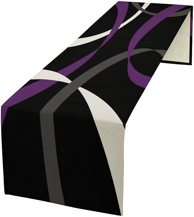 Abstract Geometric Table Runner Purple Grey and White Striped Black Background Modern Kitchen Dinner Runner for Indoor Home Living Room Party Dining Table Decoration 13"x70"