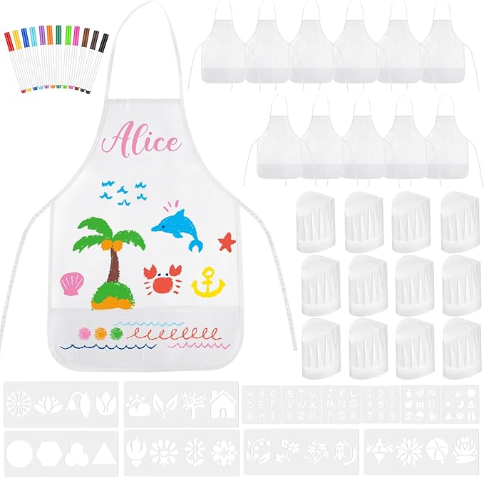 36PCS DIY Kids Chef Hat and Apron Set Kids Painting Aprons with Colored Pen and Crafts Template for Baking Painting Craft