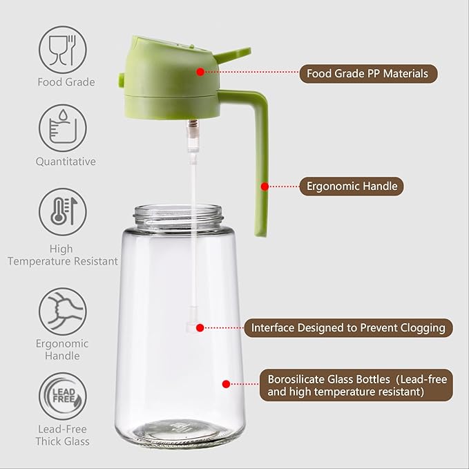 SWEET VIEW 2PCS Oil Sprayer for Cooking, 16oz/470ml Glass Oil Dispenser/Pour Bottle, Kitchen Accessories, Kitchen Gadgets for Air Fryer, Salad, BBQ, with Stickers (Green,White)