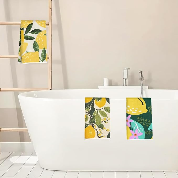 3Pcs Lemon Kitchen Towels 24x14 Inch, Reusable Cleaning Dish Towels for Home Kitchen Bathroom Farmhouse Decor, Waffle Weave Absorbent Hand Cloth Tea Towel, Lemon Gifts for Women Mom Friend Grandma