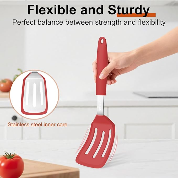2 Pack Silicone Spatula Set, 600°F Heat Resistant Kitchen Spatula, BPA Free Solid & Slotted Turner, Flexible Cooking Utensils for Non Stick Frying Pan, Flipper for Eggs and Pancakes (Red)