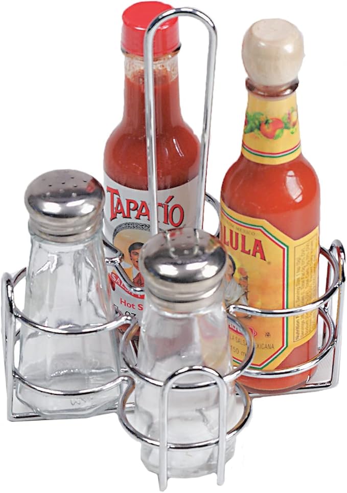 G.E.T. 4-221623 Metal Condiment Condiment Caddy with Number Holder, 4 Compartment, Chrome, 6.5" x 6.5"