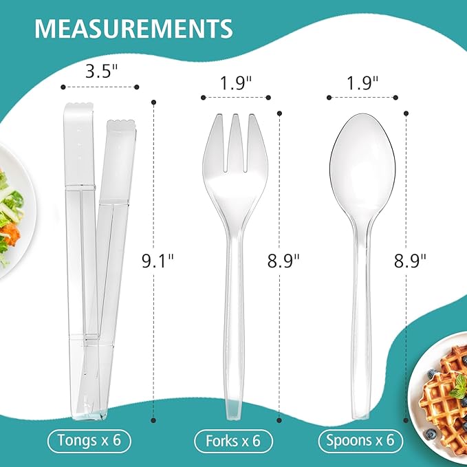 Plastic Serving Utensils, 9" Clear Disposable Utensils 18 Pack, 6 Serving Tongs, Spoons, Forks