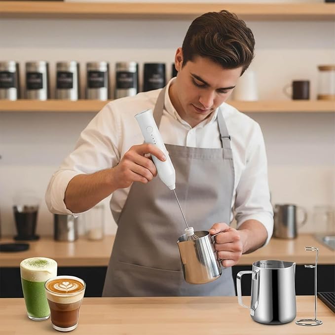 Powerful Milk Frother - Electric Handheld Milk Frother with Stand, Milk Jug and 2 Stainless Steel Blenders, Rechargeable 3 Speed Coffee Latte Cappuccino Matcha