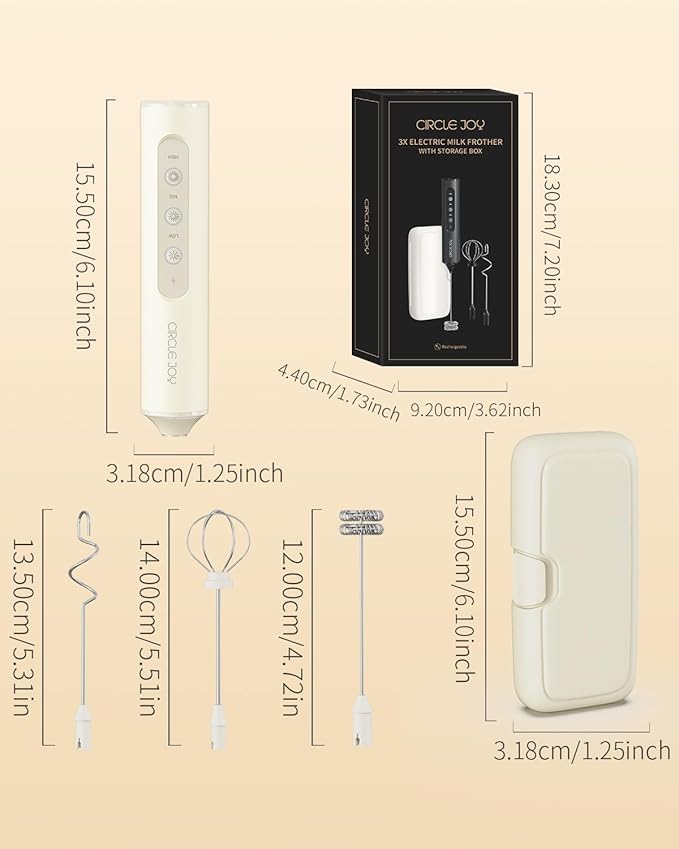 CIRCLE JOY Rechargeable Handheld Milk Frother Wand with 3 Variable Speeds, 3 Whisks and Storage Box, Electric Drink Mixer for Latte, Cappuccino, Hot Chocolate, Eggs and Protein Powder, Beige