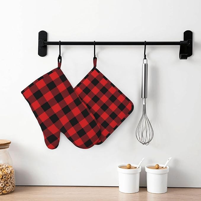 Buffalo Plaid Black and Red Oven Mitts and Pot Holders Set, 4pcs Black Red Plaid Silicone Oven Glove for Kitchen Heat Resistant Oven Mitts and Potholders Non-Slip for Cooking