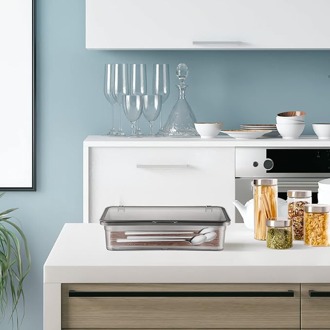 Cabilock Utensil Tray with Lid and Drain Rack, Dust-Proof Chopsticks Storage Boxes, Tableware Organizer Kitchen Cutlery Container Holder for Drawer, Table, Countertops, Cabinets