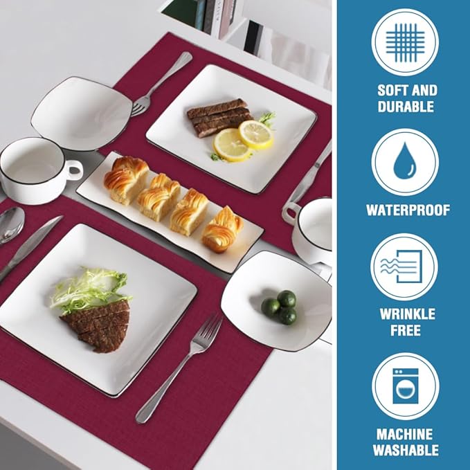 H.VERSAILTEX Linen Placemats Set of 4 Premium Solid Table Mats for Dining Table Spill-Proof Waterproof Heat-Resistant Kitchen Mats Washable, 12x18 inches, Christmas Red