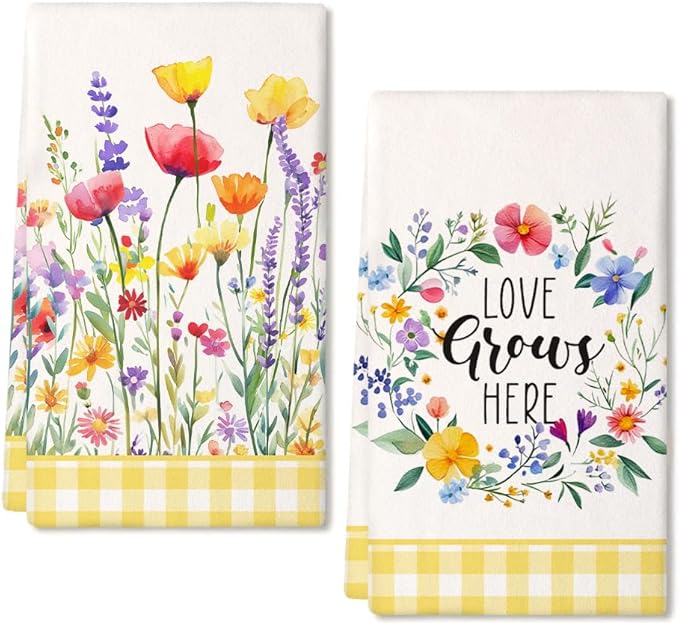 Floral Wreath Spring Kitchen Towels Set of 2,Pink Flower Dish Hand Towels Farmhouse Indoor Outdoor Holiday Seasonal Decorations DD097