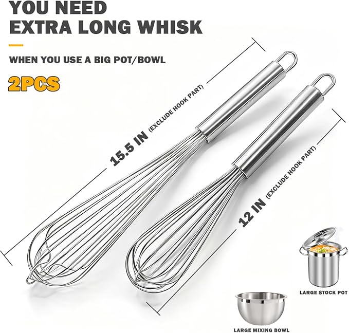 18/10 Stainless Steel Large Whisk Set of 2, 15.5 inch Heavy Duty Long Whisk and 12 inch Whisks, Suitable for Deep Pots or Big Bowl, Mixing, Beating, Blending