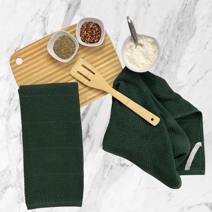 Serafina Home Dark Green Kitchen Dish Towels: 100% Cotton Cloth Soft Cleaning Drying Absorbent Textured Terry Loop, Set of 3 Multipurpose for Everyday Use