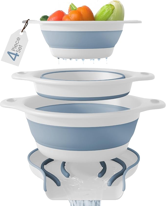Gevoli Collapsible Colanders (3 Pack Set) Food Strainers with Over-Sink Water Draining Base for Pasta Fruits and Vegetables, White/Blue (3 Sizes, 3QT, 4QT and 5 Quart)