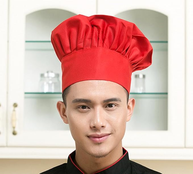 Hyzrz Chef Apron Hat Set, Chef Hat and Kitchen Adult Adjustable Baker Costume Apron for Men and Women Father's Gift (Red)