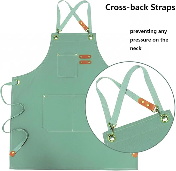 Chef Apron with Large Pockets for Women Men, Cotton Canvas Cross Back Water Repellent Adjustable Work Apron
