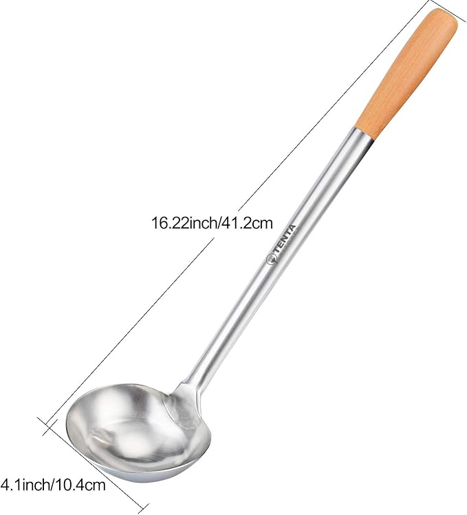 Tenta Kitchen Professional Large Stainless Steel Serving Ladle Spoon - Gravy Ladle Soup Spoon For School Canteen,Hotel Kitchen,Restaurant (Wooden Handle Ladle)