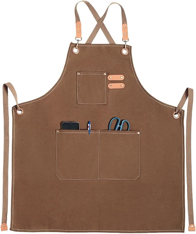 Chef Apron for Women Men with Pockets, Cotton Canvas Cross Back Adjustable Gardening Apron