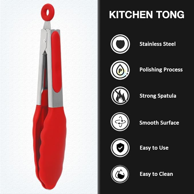 Mini Silicone Serving Tongs Set of 3, Small Kitchen Tongs (7 inch) with Silicone Tips and Stainless Steel Handle, Small Tongs for Steaks, Salads, Vegetables(Red)