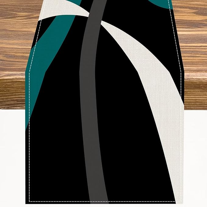 Abstract Geometric Table Runner Dark Teal Grey and White Striped Black Background Modern Kitchen Dinner Runner for Indoor Home Living Room Party Dining Table Decoration 13"x108"