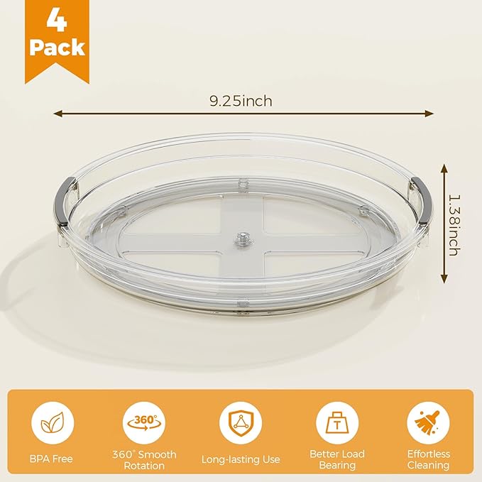 4 Pack Lazy Susan Organizer, 9.25 inch Lazy Susan Turntable for Cabinet Table Top Refrigerator, Rotating Organizers for Pantry Fridge, Clear