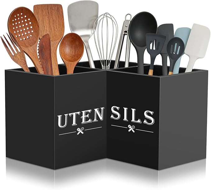 Large kitchen Utensil Holder, Wooden Utensil Organizer for Kitchen Countertop, Spatula and Spoon Cooking Holder with 3 Compartments, Black
