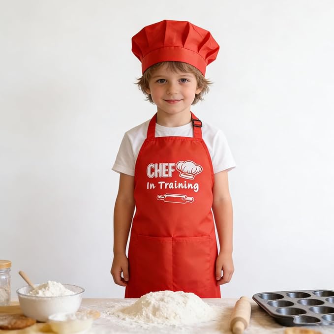 Kids Apron and Chef Hat Set Adjustable Child Aprons with 2 Large Pockets for Girls Boys Cooking Baking Painting Gift