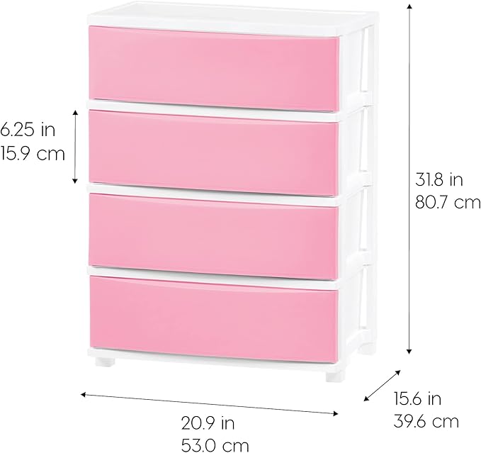 IRIS USA Plastic Drawer Storage Organizer, 4-Drawers, for Art Supplies Bathroom Dorm Bedroom Laundry Room, Wide, White Frame with Matte Pink Front Panels