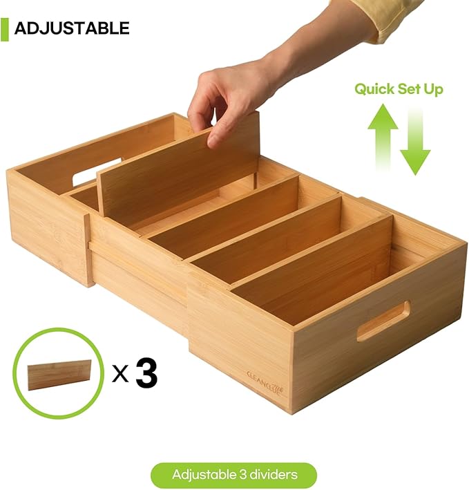 CLEANCLUE Expandable Kitchen Cabinet Organizer for Food Storage Container Lids, Bamboo Drawer Caddy Adjustable Dividers, Box for Kitchen Storage and Organization, Lids Organizer for Cabinet (Natural)