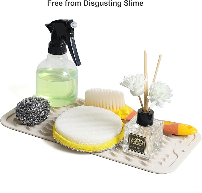 ZLR Silicone Sponge Holder & Sink Caddy Tray (6" x 12") - Narrow Dish Drying Mat for Kitchen Counter - Waterproof Soap Dispenser Organizer, Non-Slip Bathroom Vanity Tray (Cassava White)