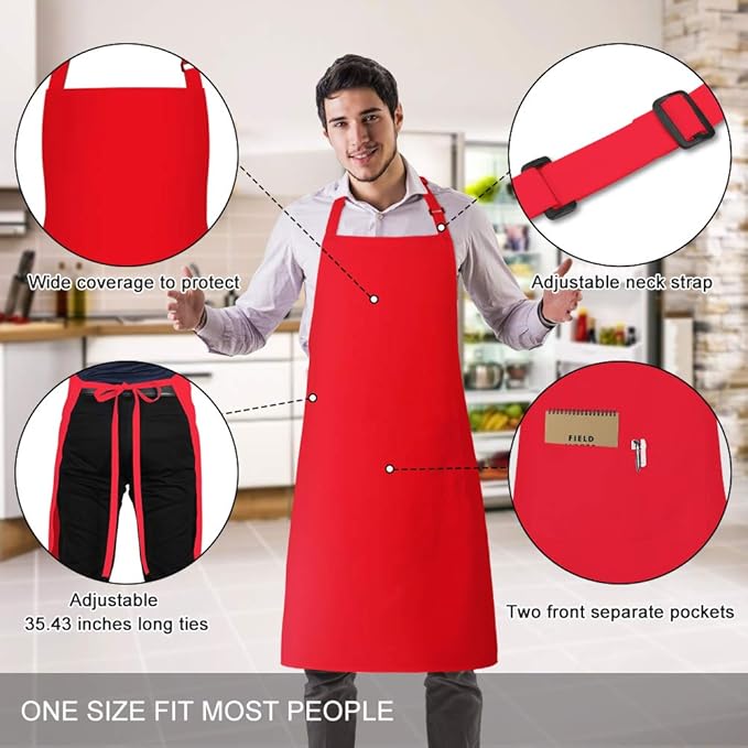 Jubatus 4 Pack Bib Aprons with 2 Pockets Cooking Chef Kitchen Apron for Women Men, Red